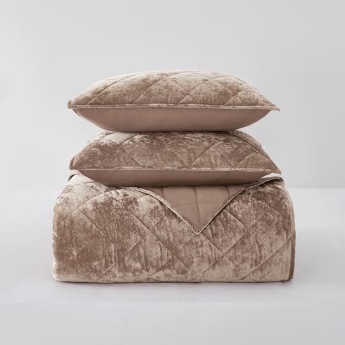 Wonderful Luxury Velvet Brown Quilt Set, King Diamond Stitch Pattern Bedding, Lightweight Ultra-Soft Skin-Friendly, All-Season, Versatile as Comforter/Bedspread for Adults Teens Kids Bedroom,106"x94" Wonderful