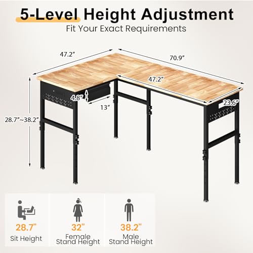 EROMMY 47"/94" Heavy-Duty Adjustable Workbench, 5000 LBS Load Capacity L-Shaped Work Bench with Power Strip and Pegboard, Rubber Wood Work Table for Garage, Workshop, Office, Home, Commercial EROMMY