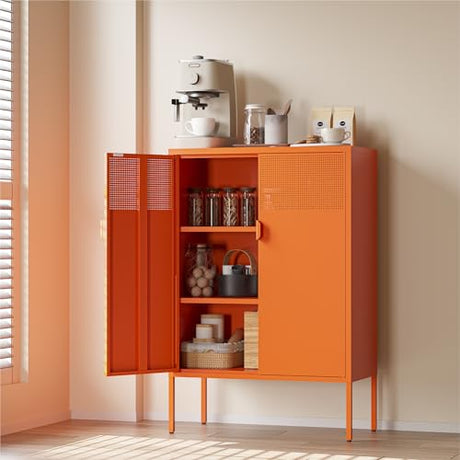 COFaR Orange Metal Storage Cabinet, 47”H Vibrant Coffee Bar & Buffet Sideboard with Adjustable Shelves, Fun Kitchen Organizer, Ventilated Steel Cabinet with Magnetic Doors for Dining Room, Office COFaR