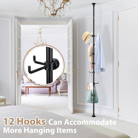 Sempicad Coat Rack Freestanding, 56 to 125 inch Adjustable Tension Rod Coat Hanger with 12 Hooks for Hanging Coat, Jacket, Hat, Scarf, Suitable for Living Room, Balcony, Kitchen Black… Sempicad