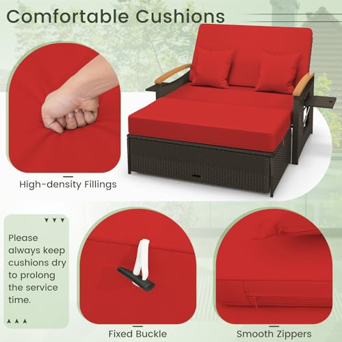 Tangkula Patio Rattan Daybed with 4-Level Adjustable Backrest, Outdoor Wicker Loveseat with Acacia Wood Armrest, Storage Ottoman & Folding Tray, Double Sunbed for Balcony, Backyard & Poolside, Red Tangkula