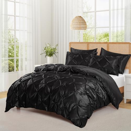 P Pothuiny 5 Pieces Satin Pintuck Duvet Cover Set, Silky Like Black Pinch Pleat Duvet Cover Full/Queen Size Luxury Bedding Set with Corner Ties, 2 Pillow Shams + 2 Pillowcases (No Comforter) P Pothuiny