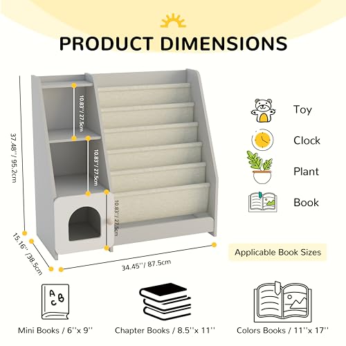 Montessori Kids Bookshelf, 5 Sling Bookcase, 4 Tier Display Shelf, Wooden Baby Book Rack, Children Toy Storage Organizer Cabinet, Floor Toddler Bookshelves Nursery Playroom Bedroom Library, Grey