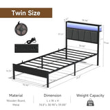 Z-hom Storage Headboard with Charging Station Twin Bed Frame, LED Bed with Upholstered Headboard and Footboard, Metal Platform Bed with 2-Tier Shelves, Easy Assembly, No Box Spring Needed, Noise Free Z-hom