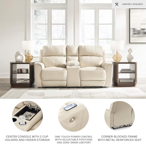 Signature Design by Ashley Dahlmoore Contemporary Leather Match Power Reclining Loveseat with Console and USB Ports, Beige Signature Design by Ashley