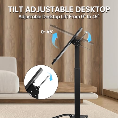 JSJCCTESK Mobile Standing Desk with 45° Tilting Desktop, Portable Rolling Standing, Height Adjustable Sit Stand Foldable with Wheels, Mobile Desk Workstation for Home Office (Black, Large) JSJCCTESK
