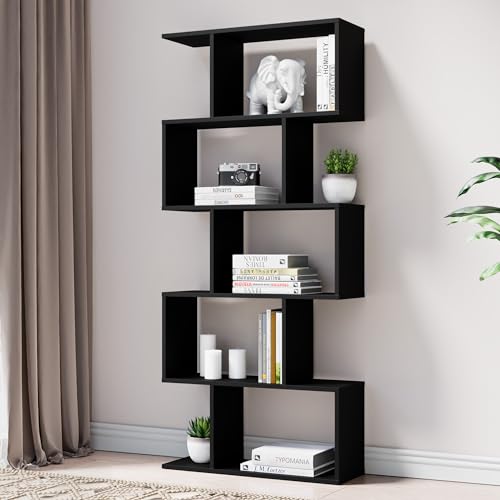 S-Shaped Black Geometric 5-Tier Bookcase – Modern Room Divider & Organiser - WoodArtSupply