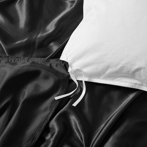 P Pothuiny 5 Pieces Satin Pintuck Duvet Cover Set, Silky Like Black Pinch Pleat Duvet Cover Full/Queen Size Luxury Bedding Set with Corner Ties, 2 Pillow Shams + 2 Pillowcases (No Comforter) P Pothuiny
