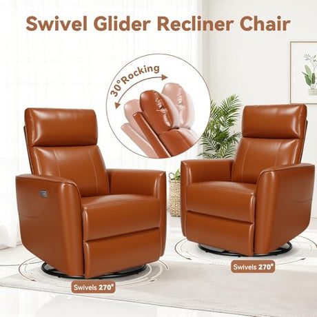 Himimi Power Recliner Chair, Swivel Rocker Recliner with Massage and Heat, Nursery Glider for Living Room, Small Space, Faux Leather, USB, Side Pockets, Orange-Brown Himimi