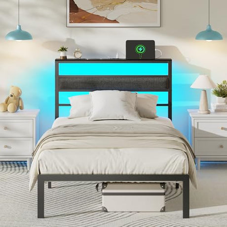 OURPIC Twin Bed Frames for Kids, Metal Platform Bed Frame Twin Size with Charging Station and LED Lights, Upholstered Headboard and Storage Shelf, No Box Spring Needed, Easy Assembly OURPIC