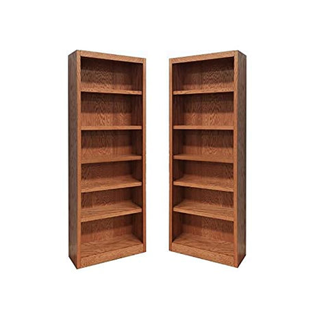 Home Square 84" Solid Wood Bookcase Set with Six Shelves in Dry Oak - Set of 2 Home Square
