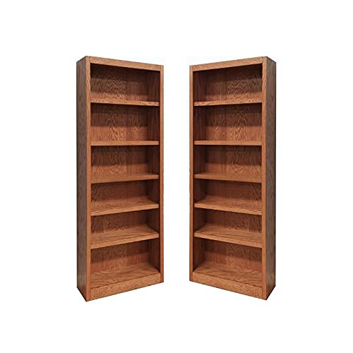 Home Square 84" Solid Wood Bookcase Set with Six Shelves in Dry Oak - Set of 2 - WoodArtSupply