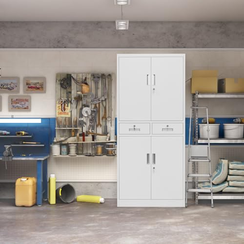 YEEZER Metal Storage cabinets, with 2 Adjustable Shelves, Lockable 71 "H Steel Garage Cabinet with 2 Drawers, Suitable for Offices, garages, Warehouses, Schools, and Homes (White) YEEZER