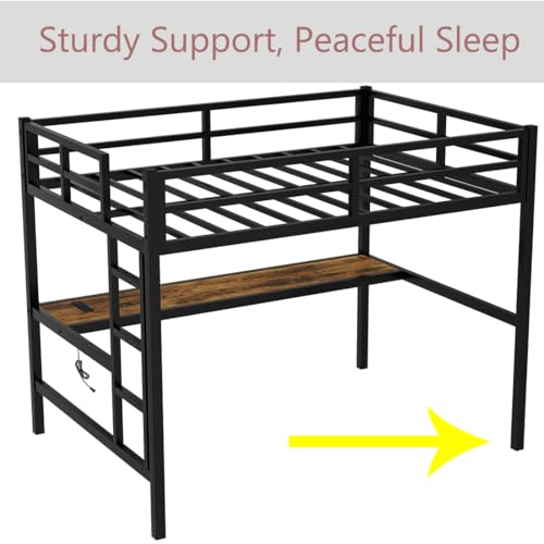 Anwick Metal Loft Bed with Stairs,Bunk Bed with Desk and Guardrail for Kids Boys Girls,Loft Bed Frame with Charging Outlet & LED Lights,Noise-Free, Black (Twin XL) Anwick