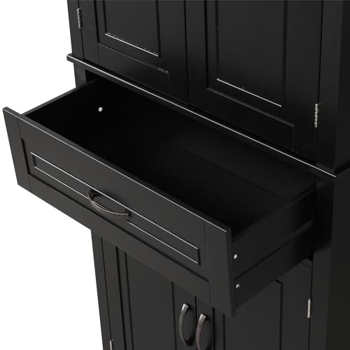 72.2" Tall Storage Cabinet with 4 Doors and Drawer, Freestanding Linen Cabinet, Wooden Pantry with Adjustable Shelf for Kitchen, Bathroom, Living Room, Black