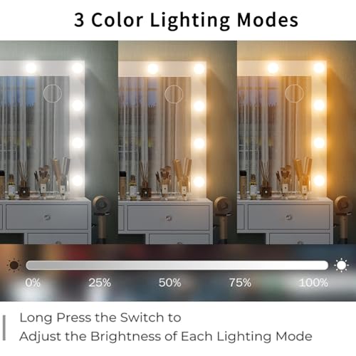 FUSOU 15 Drawers Vanity with Mirror and 12 LED Lights, Makeup Vanity with Charging Station, 3 Color Modes Adjustable Brightness, Glass Top Vanity Desk with Stool for Bedroom, White FUSOU