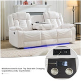 Power Recliner Sofa Set 5-Seater with Zero Gravity,Bass Speaker,Wireless Charger,USB/Type-C Ports,LED Lights,Cup Holders,Faux Leather Electric Reclining Loveseat Couch Recliner Sets,2 Piece,White