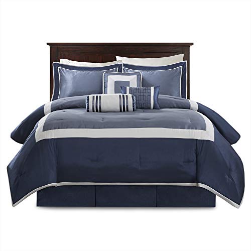 Madison Park Cozy Comforter Set-Deluxe Hotel Collection, All Season Down Alternative Luxury Bedding with Matching Shams, Decorative Pillows, Cal King(104"x92"), Genevieve, Navy 7 Piece Madison Park