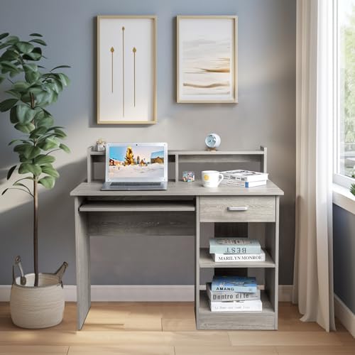 Karl home Computer Desk Study Writing Desk, Wooden Home Office Workstation PC Laptop Table with Drawer Shelf Keyboard Tray, Grey Karl home