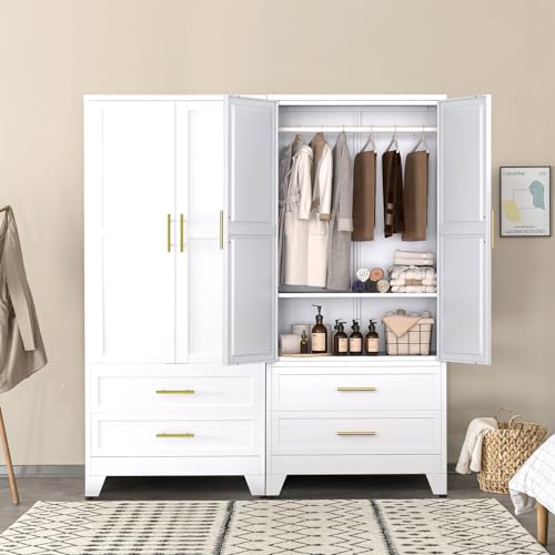 Anewome 71" Metal Armoire Wardrobe Closet with 2 Drawers, Freestanding 2-Door Tall Clothing Storage with Adjustable Shelves and Hanging Rod for Bedroom Dorm, White Anewome
