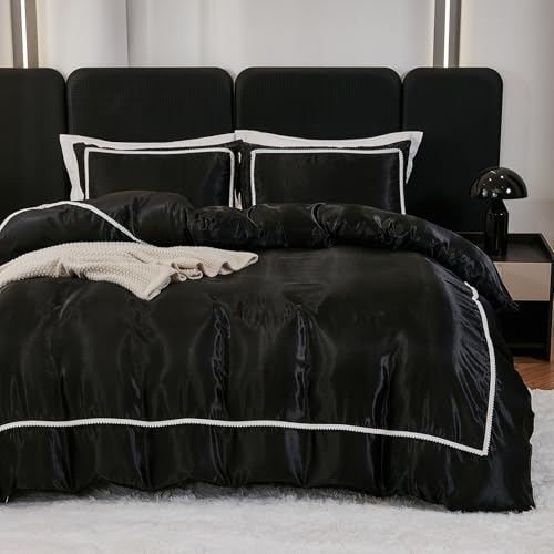 Herside Black Satin Comforter Set 7 Pieces King Size Bed in a Bag Luxurious Satin Bedding Set with Comforter Pillowcases and Sheets Sets Mini Pompoms Design Super Soft Silky Bed Set for All Seasons Herside