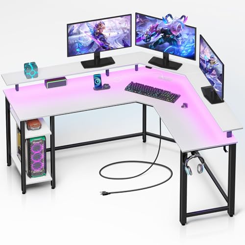 Rolanstar L Shaped Gaming Desk with LED Lights & Power Outlets, 46.2" Computer Desk with Full Monitor Stand & Storage Shelf, Corner Desk with Hooks, White Desk Reversible Rolanstar