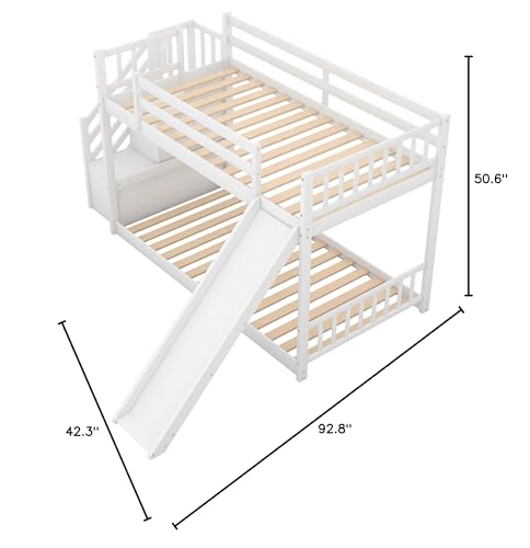 Twin Over Twin Low Bunk Bed with Slide and for Storage Staircase for Teens, Boys or Girls, No Box Sping Needed Merax