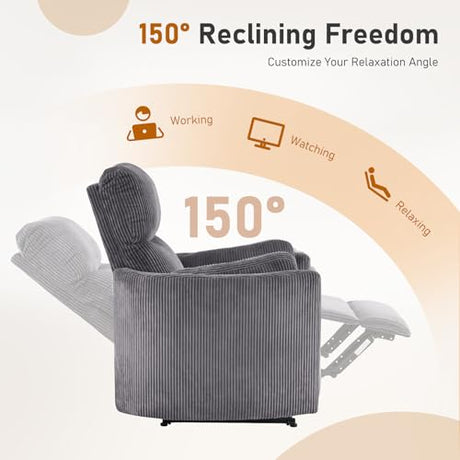 Furnimart Oversized Manual Recliner Chair for Adults, 30" Extra-Wide Corduroy Recliner with Chunky Cushion, High Back & Padded Armrests, Comfy Chair for Living Room, Bedroom, Home Heater(Gray) Furnimart