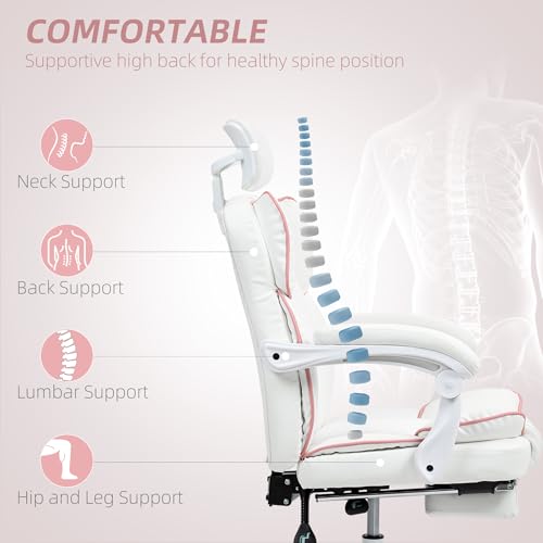 HOMCOM Executive Office Chair, Overstuffed PU Leather Reclining Computer Chair with Foot Rest, Headrest, Swivel Wheels for Home, White HOMCOM