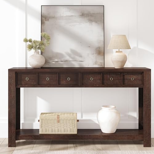 IDEALHOUSE 54inch Rustic Wooden Entryway Table with 2 Drawers & Open Shelf – Farmhouse Console Sofa Table for Hallway, Foyer & Living Room, Brown IDEALHOUSE