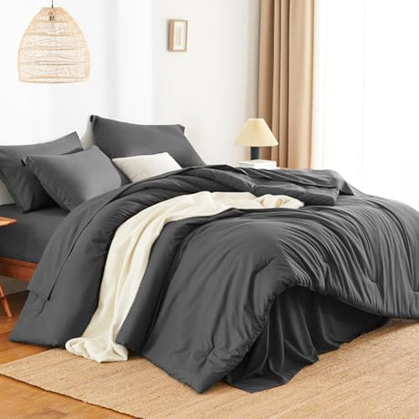 HIMEET Full Size Comforter Sets - 7 Pieces Bed in a Bag Full, Luxury Comforter Set with Sheets for All Season, Bed Set with Comforter, Flat Sheet, Fitted Sheet, Pillowcases & Shams, Dark Grey HIMEET