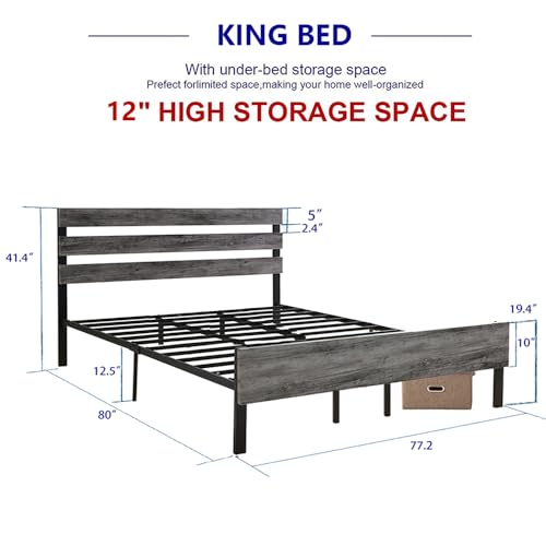 King Size Metal Bed Frame with Wood Headboard & Footboard – No Box Spring Needed, Easy Assembly in Grey Augensternchen