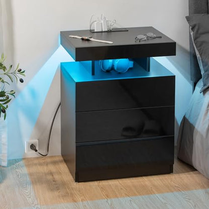 HOMMPA LED Nightstand with Wireless Charging Station 2 Outlets USB Port Type C Black Bedside Table with 3 Drawers Modern Smart LED Nightstand Tall 26.8in High Gloss Night Table with Light for - WoodArtSupply