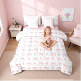 Erosebridal Bow 7 Piece Comforter Set Twin Bed in a Bag for Girls Kids,Girly Pink Floral Coquette Bedding Sets for Child Bow Ribbon Heart Shaped Quilt Dreamy Princess Style Sheet Set with Comforter Erosebridal