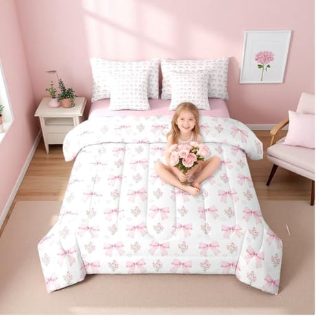 Erosebridal Bow 7 Piece Comforter Set Twin Bed in a Bag for Girls Kids,Girly Pink Floral Coquette Bedding Sets for Child Bow Ribbon Heart Shaped Quilt Dreamy Princess Style Sheet Set with Comforter Erosebridal