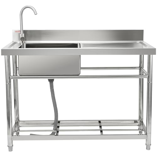 VEVOR Stainless Steel Utility Sink, Free Standing Single Bowl Commercial Kitchen Sink Set w/Workbench, 47 x 19.7 x 37.4 in Commercial Single Bowl Sinks for Garage, Restaurant, Laundry, NSF Certified VEVOR