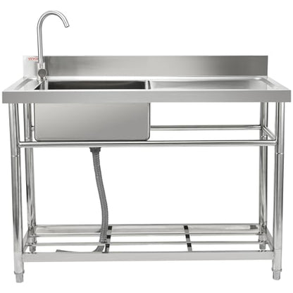 VEVOR Stainless Steel Utility Sink, Free Standing Single Bowl Commercial Kitchen Sink Set w/Workbench, 47 x 19.7 x 37.4 in Commercial Single Bowl Sinks for Garage, Restaurant, Laundry, NSF Certified