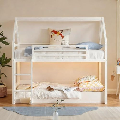 PVWIIK Bunk Bed Twin Over Twin for Girls,Boys,Twin House Bunk Bed Frame with Guardrail & Ladder,Noise-Free,Easy Assemble,No Box Spring Needed,White PVWIIK