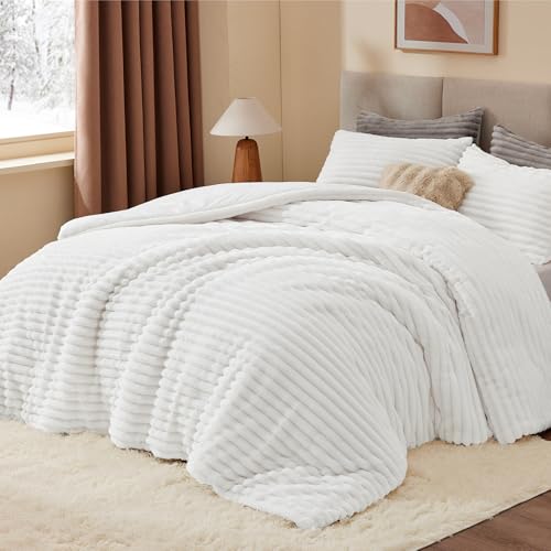BEDELITE Fleece King Comforter Set -Super Soft & Warm Fluffy Bright White Bedding, Luxury Fuzzy Heavy Bed Set for Winter with 2 Pillow Cases BEDELITE