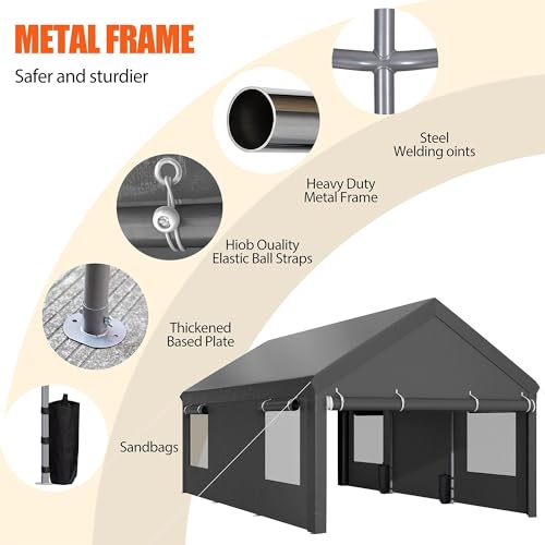 JAMFLY Carport, 12x20 ft Heavy Duty Carport with Roll-up Windows, Portable Garage with Removable Sidewalls & Doors, Car Canopy with Sandbags and All-Season Tarp for Car Boat Truck Motorcycle, Grey JAMFLY