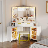 SKKTKT Vanity Desk with LED Lights Mirror & Power Outlet – Corner Design, Makeup Vanity Table Set with Storage Drawers & Chair, 3 Lighting Modes for Living Room/Bedroom, Ideal for Gift (White) SKKTKT