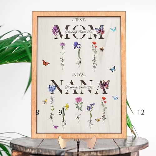 First Mom Now Nana Customized Birth Month Flower Wooden Plaque, Personalized Mothers Day Gifts, Mother's Day Gift, Gift for Mom, Grandma's Gift, Grandma's Garden Sign - WoodArtSupply