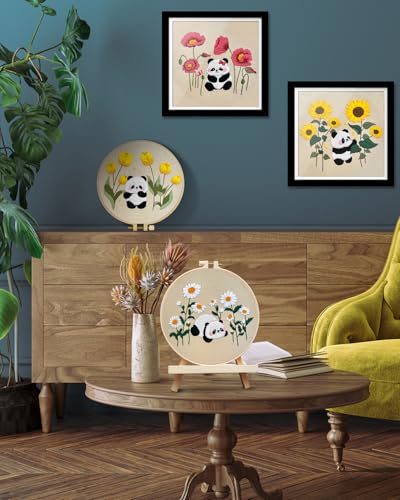 TINDTOP 4 Sets Embroidery Kit for Adult, Panda Embroidery Practice Kits for Beginners Include Embroidery Cloth Hoops Threads for Craft Lover Hand Stitch with Embroidery Skill Techniques TINDTOP