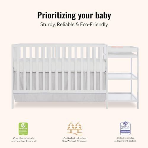 Dream On Me Synergy 3-in-1 Convertible Full-Size Baby Crib & Changer, White, Open Storage, GreenGuard Gold & JPMA, Pinewood, Converts to Day & Toddler Bed, 4 Mattress Heights, 1″ Changing Pad,