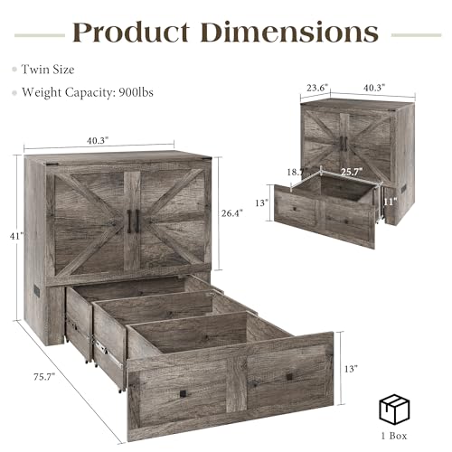 LUXOAK Twin Murphy Bed with Built-in Charging Station and Storage Drawer, Farmhouse Foldable Cabinet Bed for Guest Room, Apartment or Home Office, Rustic Grey LUXOAK