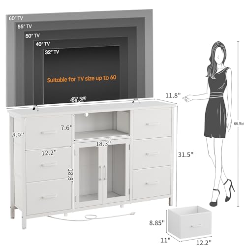 White Dresser for Bedroom Dresser TV Stand with Charging Station for 60" TV 6 Drawer Dresser Entertainment Center with LED Long Fabric Bedroom Dresser Organizer Unit Tall Chest of Drawers for Kids FFBCFDK
