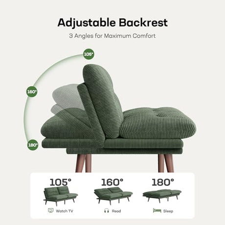 Marsail 74.8" Futon Sofa Bed, Corduroy Convertible Futon Couch with Adjustable Backrest & Armrests, Small Sleeper Sofa Loveseat for Small Apartments, Study Room, Office, Green Marsail