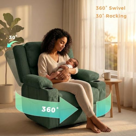 IKAKOS 360 Degree Swivel Rocker Recliner Chair with Heat and Massage, Soft Corduroy Manual Reclining Nursery Glider with USB Port, 2 Cup Holders & 4 Storage Pockets, 400lbs Capacity (Green) IKAKOS