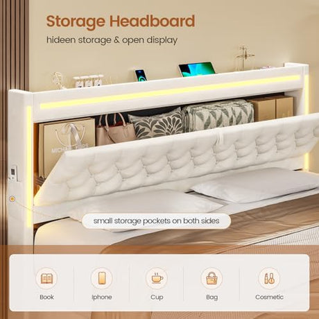 BTHFST King Upholstered LED Bed Frame with 5 Drawers, Velvet Hidden Storage Headboard with Charging Station, Button Tufted Headboard and Heavy Duty Metal Slats Support, No Box Spring Needed, Beige BTHFST
