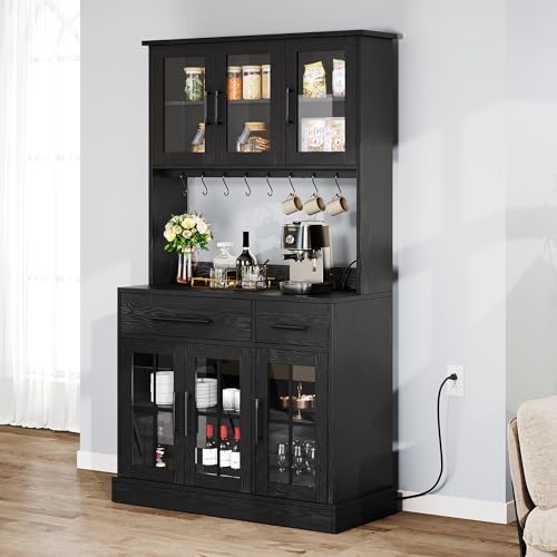 DWVO 71'' Kitchen Pantry Storage Cabinet with Microwave Stand, Modern Tall Kitchen Hutch Cabinet with Power Outlet, Food Pantry Cabinet with Drawers and Shelves for Home, Black